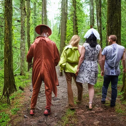 Prompt: A group of friends in costumes walking in the forest looking for mushrooms while a thunderstorm is brewing in the background