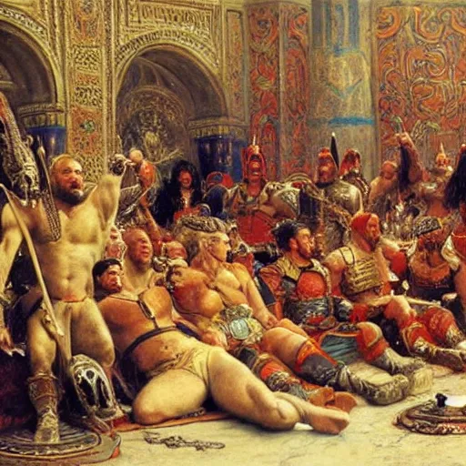 Prompt: ghenghis khan lounging on his throne, built physique, smirking, surrounded by warriors, painted by gaston bussiere