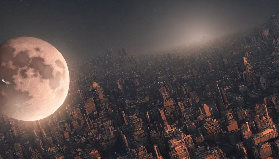 Image similar to giant moon in the sky going to smash the earth, view from new york city, hyperdetailed, artstation, cgsociety, 8 k