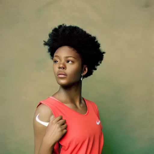 Image similar to realistic photoshoot for a new nike lookbook, color film photography, portrait of a beautiful person, in style of Bolade Banjo, 35mm, graflex