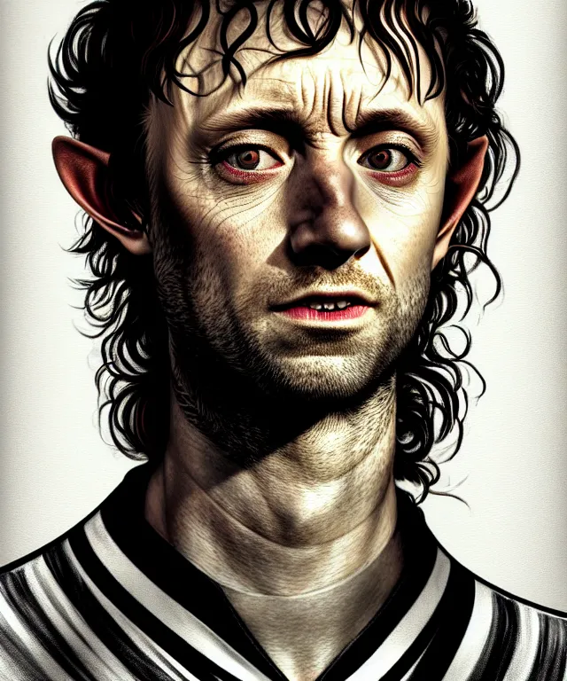 Prompt: a detailed fifty mm portrait of merriadoc and pippin from lord of the rings hobbit in a black adidas track suit with white stripes, headshot, caricature, highly detailed, digital painting, artstation, concept art, sharp focus, cinematic lighting, illustration, art by met mangindaan, artgerm and greg rutkowski, alphonse mucha, cgsociety