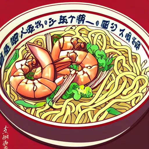 Image similar to illustration of noodles bowl with shrimps on makisu in traditional japan style, by makoto shinkai and takashi takeuchi