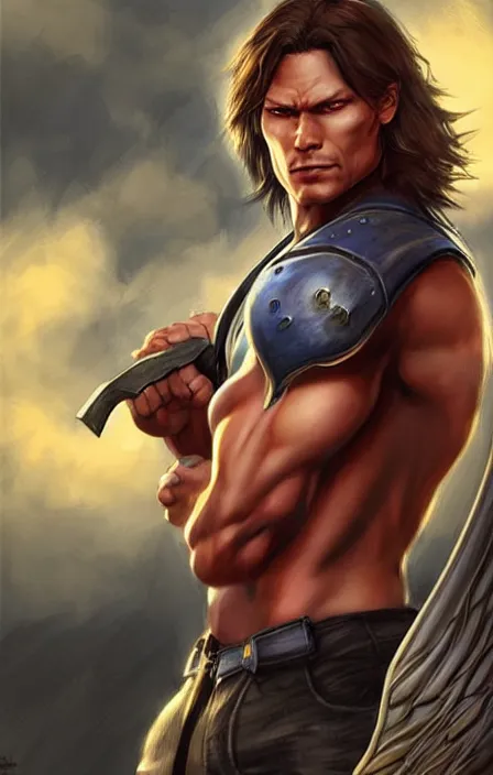 Image similar to pretty muscular sam winchester as a character in a final fantasy art design, character concept, sharp focus!, ultra detailed, art by artgerm and peter andrew jones, wlop