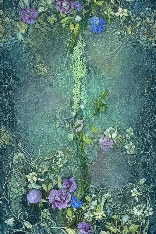 Prompt: beautiful digital matte whimsical painting of whimsical botanical illustration lace intricate and blue flowers enchanted bokeh emerald background, dark contrast by android jones,