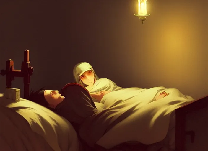 Image similar to 1 8 5 5 crimea, army hospital at night, florence nightingale holding lamp watching over sleeping patient, finely detailed perfect art, painted by greg rutkowski makoto shinkai takashi takeuchi studio ghibli