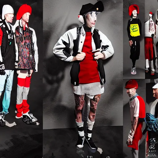 Image similar to streetwear collection, fashion show, lookbook, in the style of grand chamaco and pedro conti and stanley kubrick, inspired by die antwoord, photorealistic, epic, super technical, 3 d render