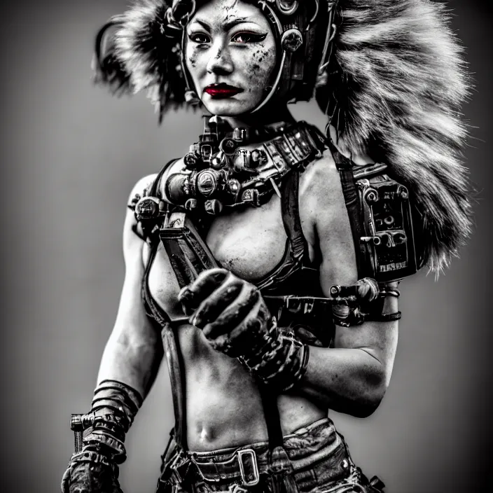 Prompt: photograph of a real - life very beautiful atompunk warrior. extremely detailed. dslr. 8 5 mm.