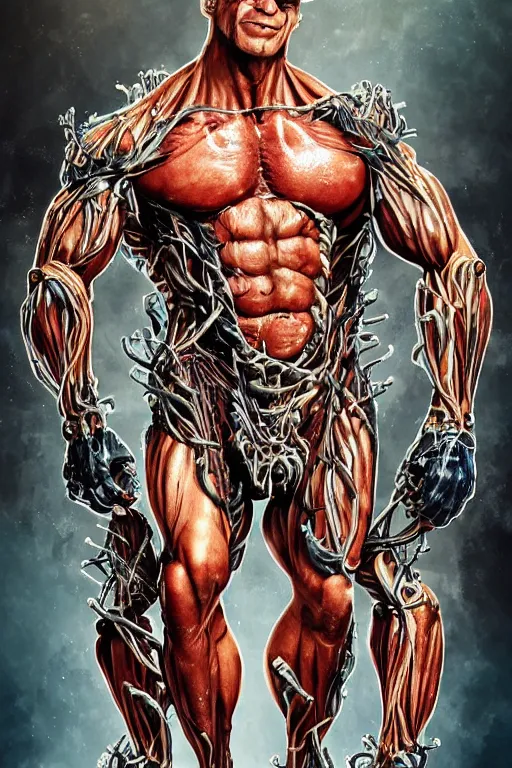Image similar to Dave Lee Roth in a biopunk costume consisting of swollen muscles, tendons, bones joints, protruding pistons. masterpiece 4k digital illustration by Scott M. Fischer, award winning, Artstation, Akira aesthetic, black background, intricate details, realistic, Hyperdetailed, 8k resolution