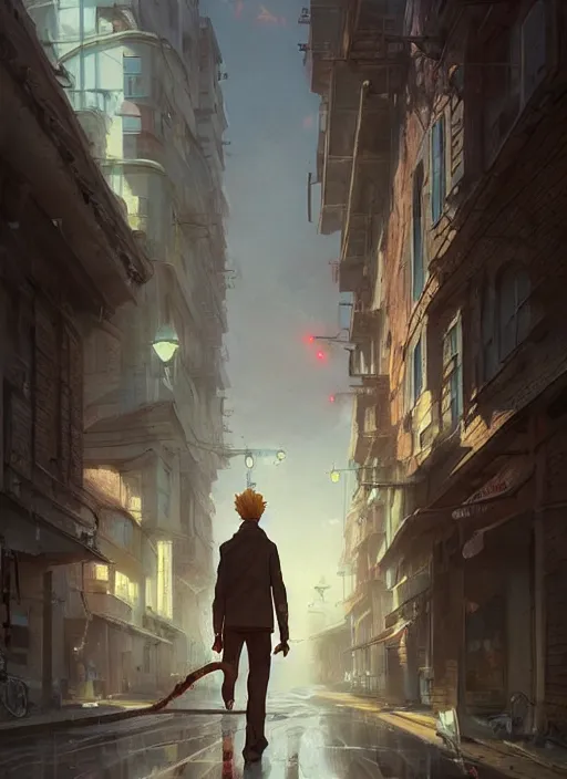 Prompt: young blonde beautiful male boy assassin walking on city street, heroic, glorious, art by greg rutkowski, loish, rhads, ferdinand knab, makoto shinkai and lois van baarle, ilya kuvshinov, rossdraws, tom bagshaw, global illumination, radiant light, detailed and intricate environment