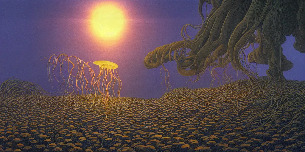 Image similar to Artwork by Michael Whelan of the cinematic view of a brutal realm of secretive tropical rainforests, sublittoral jellyfish schools, and soft-sanded coastlines, illuminated only by dim, distant light from a far sun.