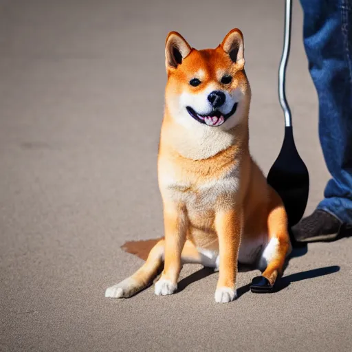 Image similar to close - up photo of shiba inu holding huge mace in paws, standing vertically, ( eos 5 ds r, iso 1 0 0, f / 8, 1 / 1 2 5, 8 4 mm, postprocessed, sharp )