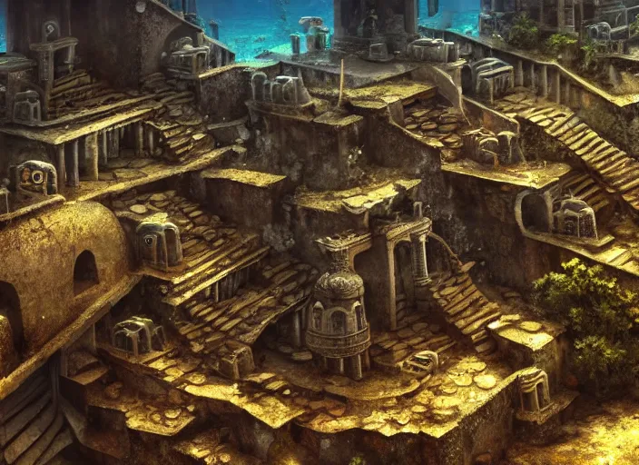 Image similar to ancient ruins favela, underwater environment, scenery, professional, award - winning, trending on artstation, hyper detailed, realistic, beautiful, emotional, shiny, golden, picture