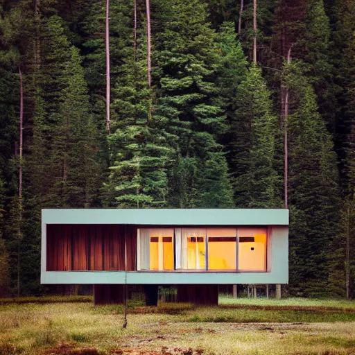 Prompt: wes anderson style modern futuristic house near the lake and forest, cinematic, realism, photo, detailed
