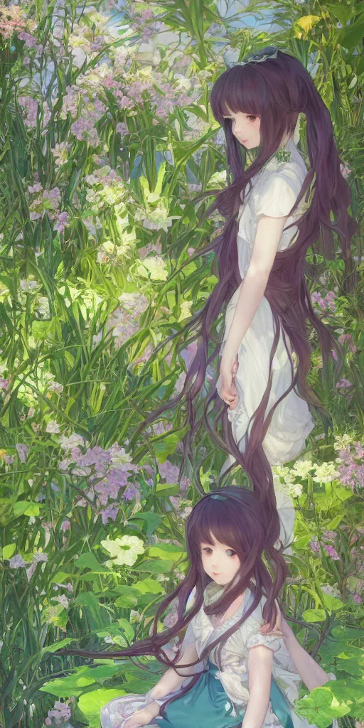 Prompt: a digital art of a loli with long hair in a dress in the privet garden at after noon, green and warm theme, mediumslateblue flowers accents, back lighting, by krenz cushart and mucha and akihito yoshida and greg rutkowski and makoto shinkai, highly detailed, 4 k resolution, trending on art station