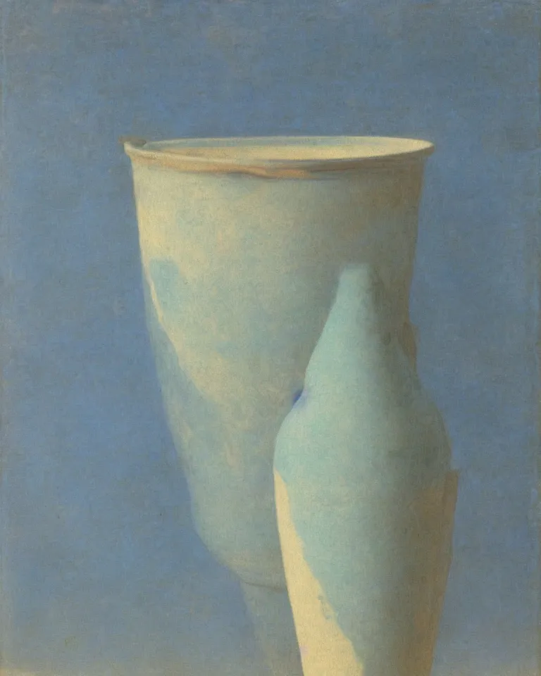 Image similar to achingly beautiful print of solitary painted ancient greek amphora on baby blue background by rene magritte, monet, and turner.
