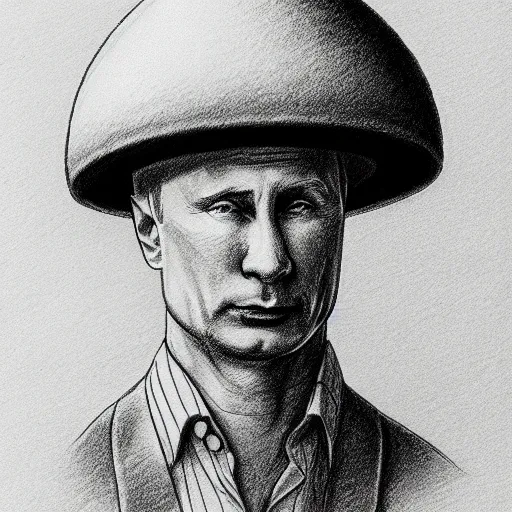 Image similar to vladimir putin wearing a nuclear mushroom cloud blast for a hat, cartoonish, ultra detailed pencil drawing, medium distance