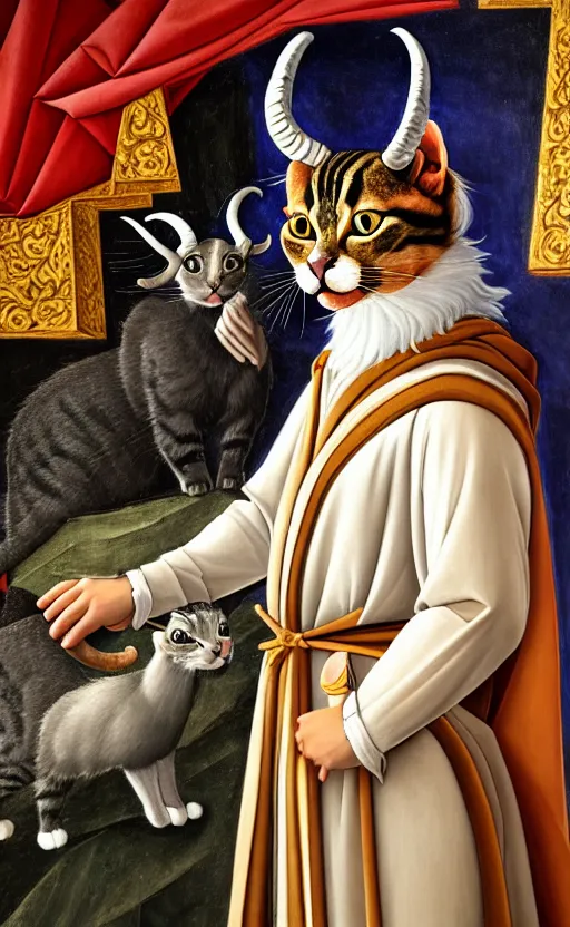 Prompt: a bipedal cat that has goat horns, anthropomorphic cat that is wearing robes, oil painting, by sandro botticelli, dnd, character reveal, cosmic, magical, fog, noble, full body portrait, intricate, ornate, extremely detailed, cult, ritual, 4 k, 8 k