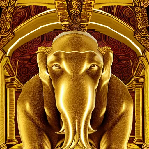 Prompt: golden mammoth as a deity in a medieval age where everyone is worshiping it, digital art, realistic, awards winning, dramatic, cinematic, artistic, famous, detailed