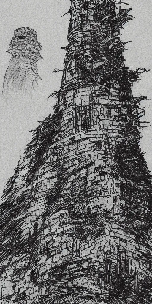 Prompt: a dark tower on a hill drawn by studio ghibli