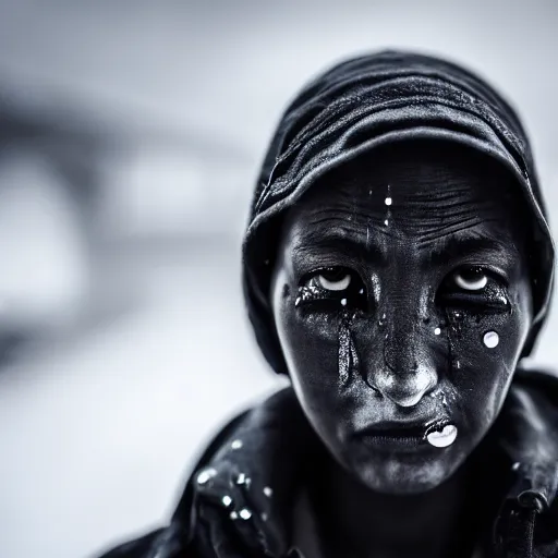 Image similar to photographic portrait of a poor techwear woman with tears in her eyes, closeup, sigma 85mm f/1.4, 4k, depth of field, high resolution, 4k, 8k, hd, full color