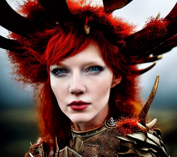 Image similar to a portrait photo of an armored woman warrior redhead with antlers sitting on the edge of a giant red cap mushroom that covers a whole town and reaches above the clouds by luis royo. intricate. lifelike. soft light. sony a 7 r iv 5 5 mm. cinematic post - processing