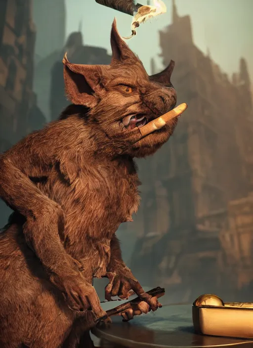 Image similar to pathfinder 2 e illustration of furry goblin smoking a cigar, unreal engine, hyper realism, realistic shading, cinematic composition, realistic render, octane render, detailed textures, photorealistic, wide shot