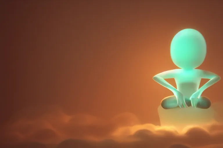 Image similar to a cute alien sitting on a cloud relaxing, misty, glows, blender render, hazy, foggy, red lighting,