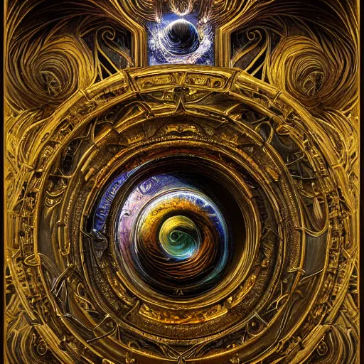 Image similar to Divine Chaos Engine by Karol Bak, Jean Deville, Gustav Klimt, and Vincent Van Gogh, celestial, visionary, sacred, fractal structures, ornate realistic gilded medieval icon, spirals, octane render