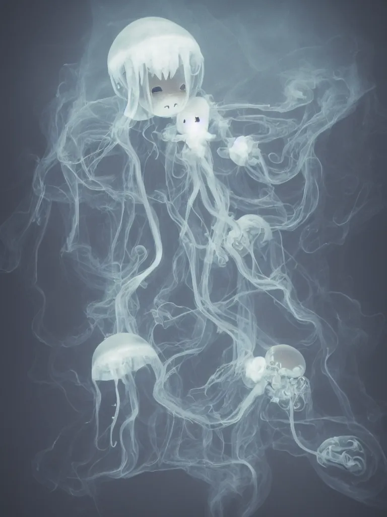 Image similar to cute fumo chibi plush beautiful ectoplasmic gothic skeletal jellyfish ghost girl, glowing milky wisps of hazy smoke and volumetric fog, lens flare, subsurface scattering, vignette, asymmetry, bokeh, refraction, vray