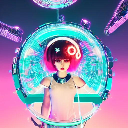 Image similar to a kawaii puerto rican goddess staring through the mothership of your souls, wearing a headpiece made of circuit boards and empathy machines, by alastair reynolds, ilya kuvshinov and stanley kubrick, pink, trending on artstation, cinematic, 3 d render, photorealistic