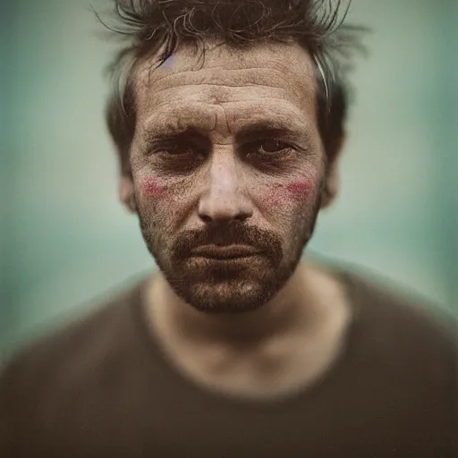 Image similar to A 4x5 portrait of a man, who is dishevelled and beaten down, a million-mile stare, bokeh, depth of field, pastel colours overlap, grainy, rule of thirds