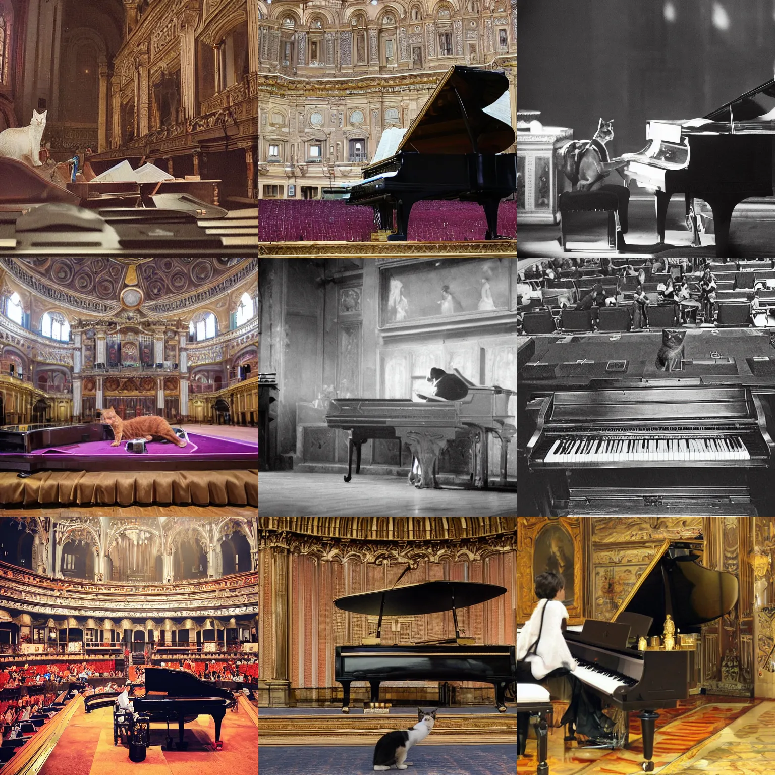 Prompt: a photo of a cat playing grand piano in a Albert Hall