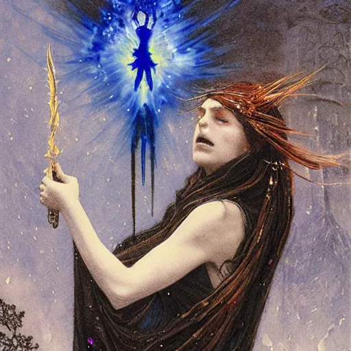 Image similar to a ghastly banshee holding a sword made of blue fire in one hand and a crystal chime in the other floating in the air in the middle of a swirling blizzard, digital painting by greg rutkowski and carlos schwabe