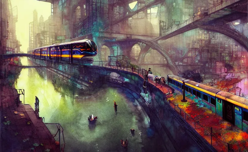 Image similar to an urban train rides inside of a waterway on a fantasy city. intricate, amazing composition, colorful watercolor, by ruan jia, by maxfield parrish, by marc simonetti, by hikari shimoda, by robert hubert, by zhang kechun, illustration, gloomy