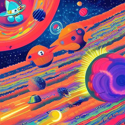 Image similar to a beautiful computer art of a space battle with wild, bright colors. navajo white by nathan spoor, by richard scarry subdued