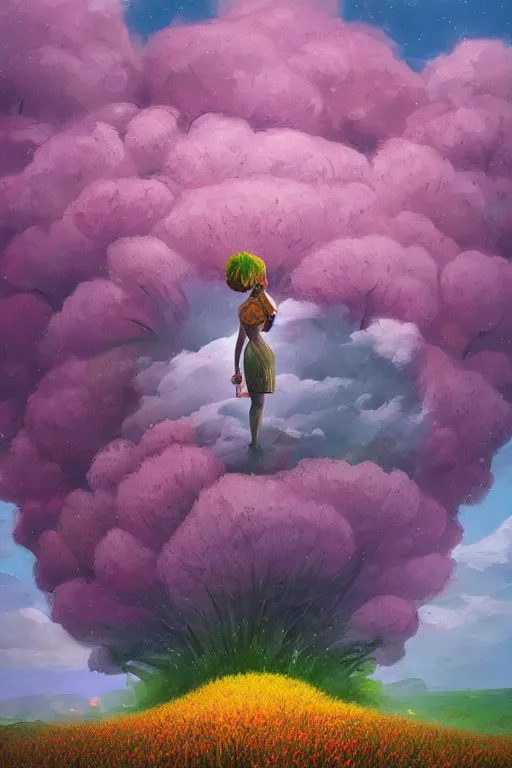 Prompt: closeup, giant flower as head, mohawk, woman in heather field, surreal photography, starlight, storm clouds, impressionist painting, digital painting, artstation, simon stalenhag