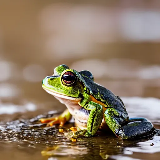 Prompt: photo of a frog playing the bagpipes in a swamp, award - winning photo, natural geographic photo, nature, 3 0 0 mm f / 3. 5, natural light