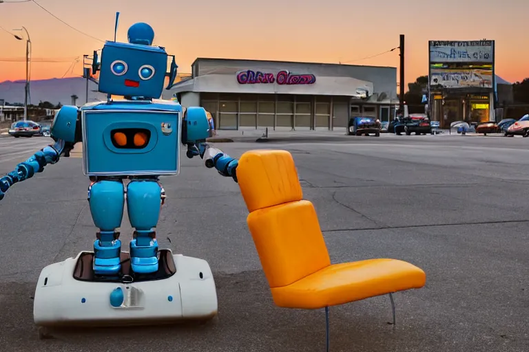 Image similar to clown - robot relaxing at a california drive in, in 2 0 1 2, cutecore clowncore, bathed in the the glow of the sunset, low - light photograph, in style of tyler mitchell