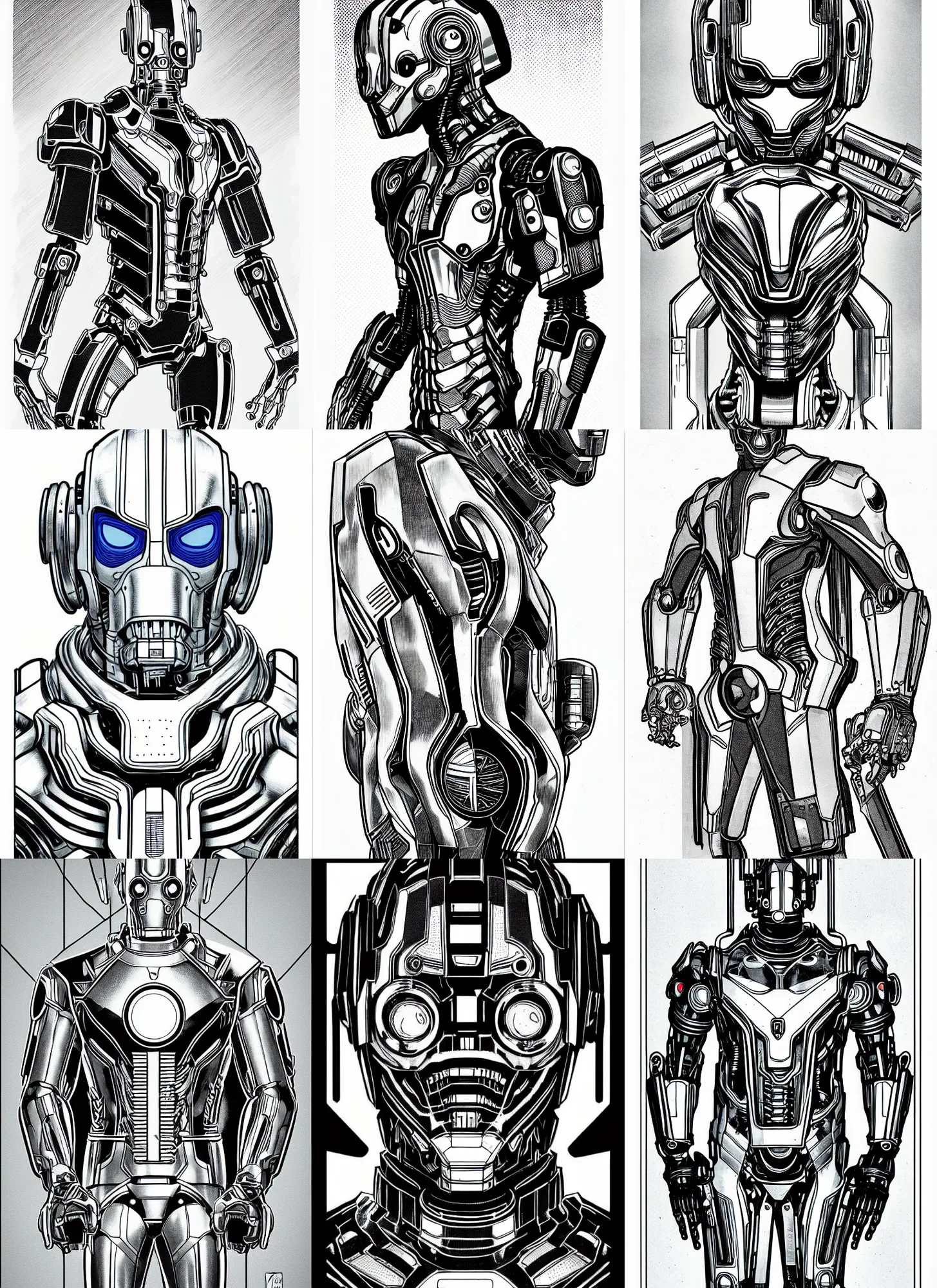 Prompt: ultron designed by dieter rams, portrait, cyberpunk 2 0 2 0 manual, by steampoweredmikej, inktober, ink drawing, black and white, coloring pages, manga, highly detailed