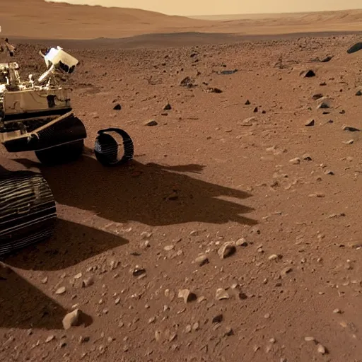Image similar to award winning photo of carl sagan wearing space helmet riding on top of the mars rover