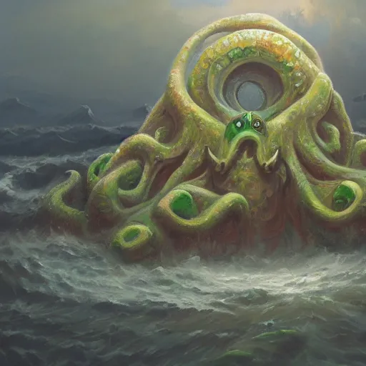 Prompt: a continent in the shape of a lovecraftian old god protruding from the earth oil painting. oil on canvas. award winning. dramatic. trending on artstation 8 k