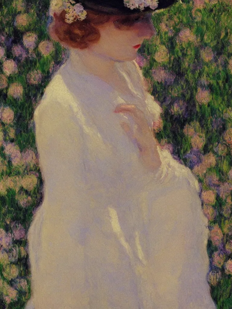 Image similar to portrait of < zelda fitzgerald > as a beautiful young lady wearing 1 9 2 0 s fashion, blurry face, fair, slim, fair, severe out of focus, depth of field, pleinairism, in the sun, backlit, closeup, oil on canvas, atr by monet, in the style of le promenade, smooth, impressionnisme, 8 k