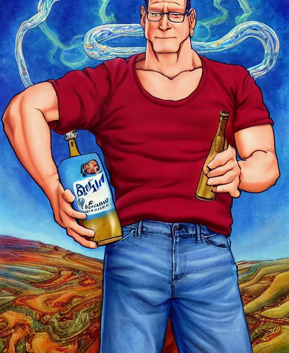 Image similar to hank hill wearing bluejeans and white tshirt, holding a beer, the god of propane, blue flames, propane tanks, magic realism, art by josephine wall, art by mike judge, art by huang guangjian, art by viktoria gavrilenko, art by amanda sage, trending on artstation