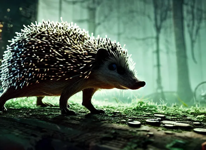 Prompt: intricate hedgehog with optic fibers growing out of it's back, on the background of a weird magical mechanical forest. Very detailed 8k. Fantasy cyberpunk horror. Sharp. Cinematic post-processing. Unreal engine. Nanite. Ray tracing. Parallax. Tessellation