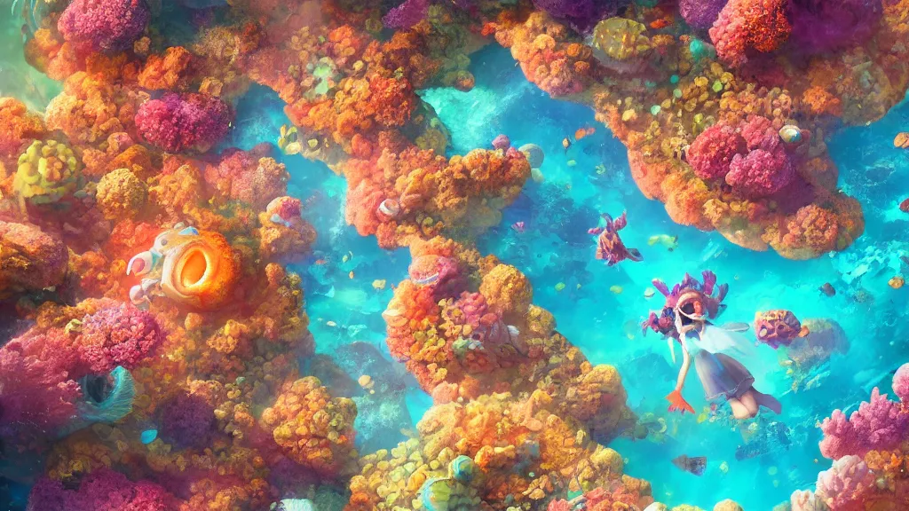 Image similar to ancient alien planet covered in colorful coral reefs on the ground, anthropomorphic fish girls, by sylvain sarrailh, rossdraws, ambient light, ultra detailed, fantasy artwork, 8 k, volumetric lighting, trending on artstation, award winning, beautiful scenery, very beautiful.