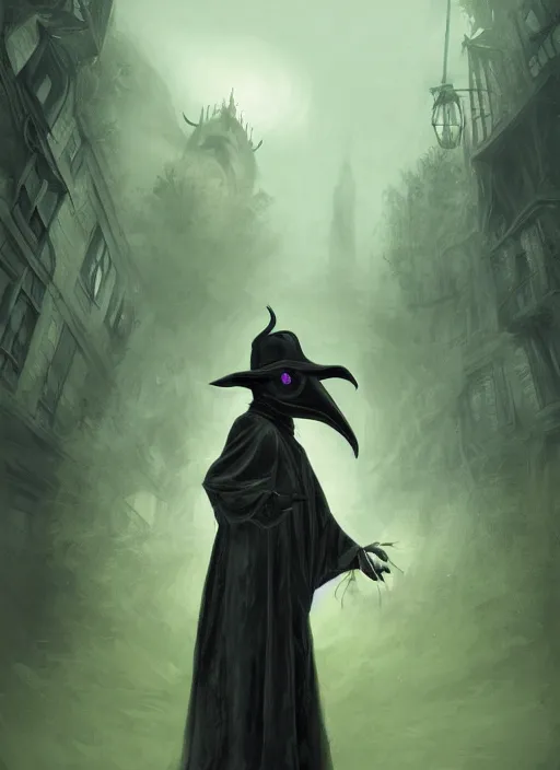 Prompt: a highly detailed illustration of plague doctor mask wearing woman, wearing black robe, eerily floating with cape in the wind pose, surrounded by green mist background, intricate, elegant, highly detailed, centered, digital painting, artstation, concept art, smooth, sharp focus, league of legends concept art, WLOP