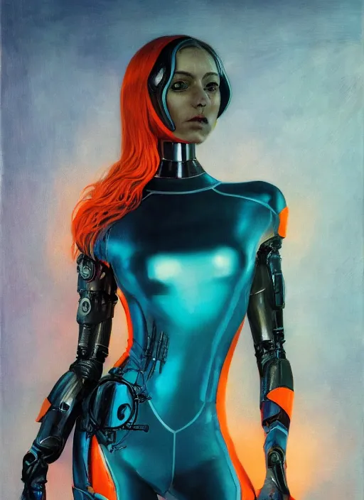 Prompt: symmetry! dynamic pose, closeup! portrait of a cyborg racer girl, skintight leather racing jumpsuit, cinematic light, backlight, teal orange, by gerald brom, by mikhail vrubel, by peter elson, muted colors, extreme detail, trending on artstation, 8 k