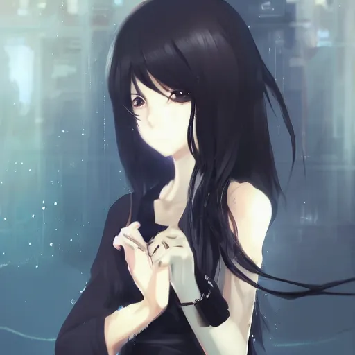 Prompt: anime girl wearing a black dress, anime style, gorgeous face, by makoto shinkai, by wenjun lin, digital drawing, video game art, soviet city