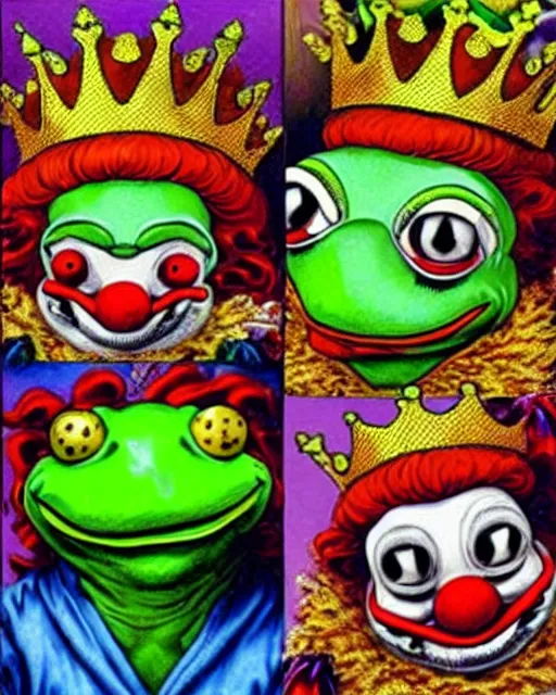 Prompt: Clown Frog King has his crown stolen by a gang of clowns, clown frog king wearing clown makeup and rainbow wig, clown king pepe, clown crown artwork by Glenn Fabry and Kentaro Miura