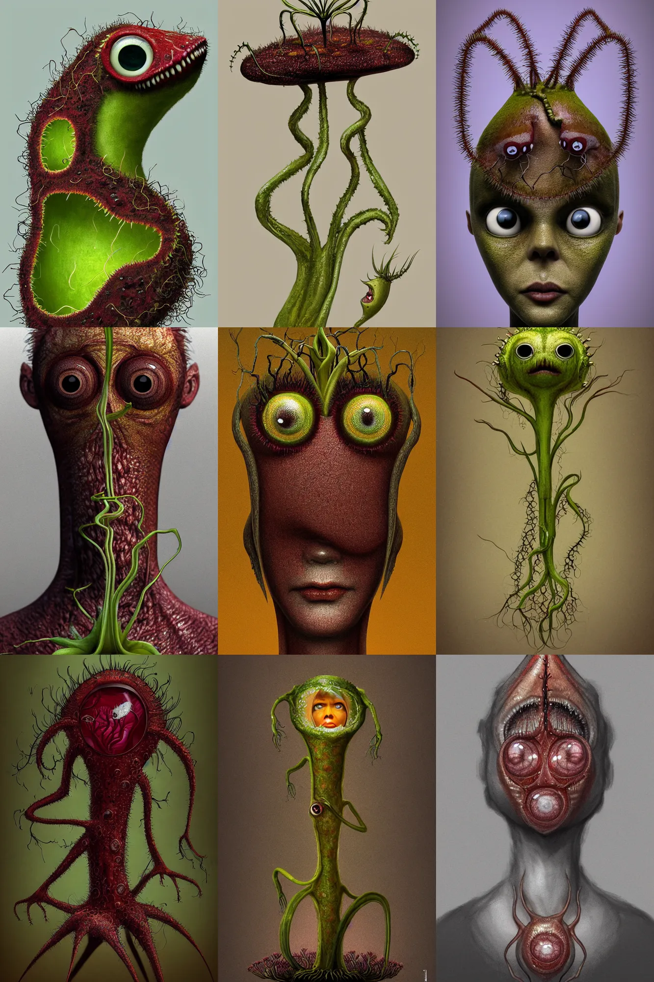 Prompt: portrait of a anthropomorphic mutant carnivorous plant, minimal, Drosera capensis, dystopian, big eyes with eyelashes, snap traps of Dionaea muscipula, extremely detailed, digital painting, sculpted in zbrush, artstation, concept art, sharp focus, illustration, chiaroscuro lighting, golden ratio, rule of thirds, fibonacci, character design by Disney and Pixar, composition by Henri Cartier Bresson